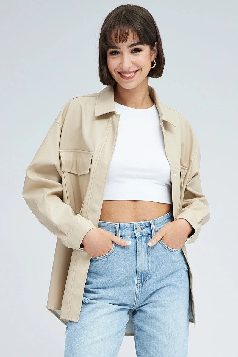 Camel Shirt Collar Long Sleeve Faux Leather 1 Camel Shirt Collar Long Sleeve Faux Leather