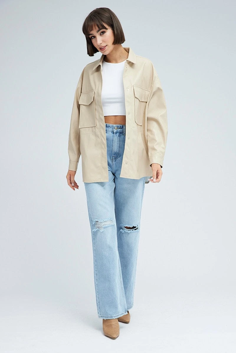 Camel Shirt Collar Long Sleeve Faux Leather 2 Camel Shirt Collar Long Sleeve Faux Leather - Image 2