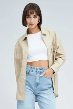 Camel Shirt Collar Long Sleeve Faux Leather 8 Camel Shirt Collar Long Sleeve Faux Leather -FabWear Shop wc1494 66wb beige 3