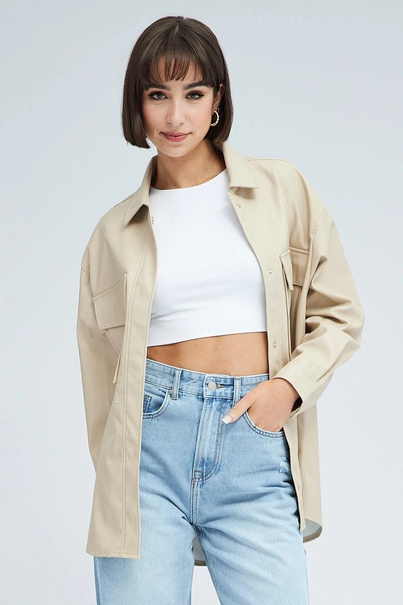 Camel Shirt Collar Long Sleeve Faux Leather 3 Camel Shirt Collar Long Sleeve Faux Leather - Image 3