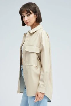 Camel Shirt Collar Long Sleeve Faux Leather 9 Camel Shirt Collar Long Sleeve Faux Leather -FabWear Shop wc1494 66wb beige 4