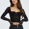 Black Corset Top Sweetheart Neck Long Sleeve Lace