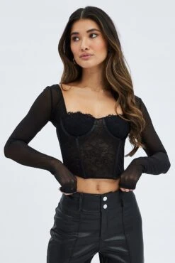 Black Corset Top Sweetheart Neck Long Sleeve Lace