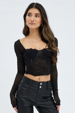 Black Corset Top Sweetheart Neck Long Sleeve Lace -FabWear Shop wc1604 36w black 3
