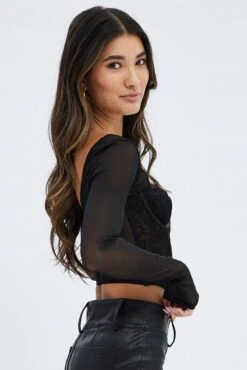 Black Corset Top Sweetheart Neck Long Sleeve Lace -FabWear Shop wc1604 36w black 4