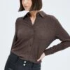 Brown Shirt Long Sleeve Collared Neck Textured