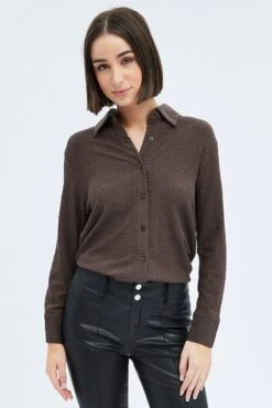 Brown Shirt Long Sleeve Collared Neck Textured -FabWear Shop wc1607 81wb chocolate 3