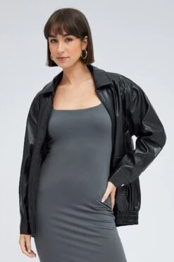 Black Faux Leather Jacket Long Sleeve 8 Black Faux Leather Jacket Long Sleeve -FabWear Shop wc1655 33wb black 3
