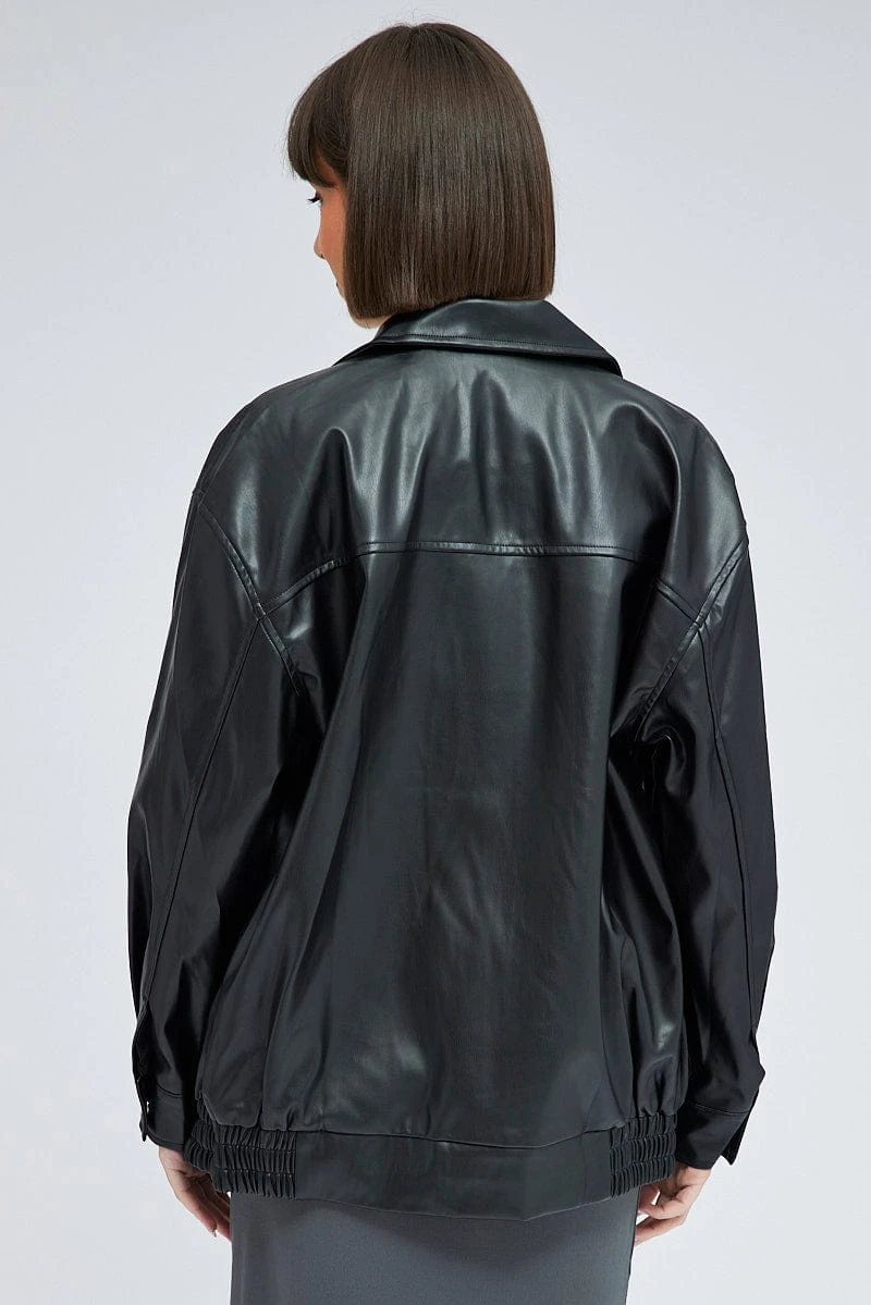 Black Faux Leather Jacket Long Sleeve 5 Black Faux Leather Jacket Long Sleeve - Image 5