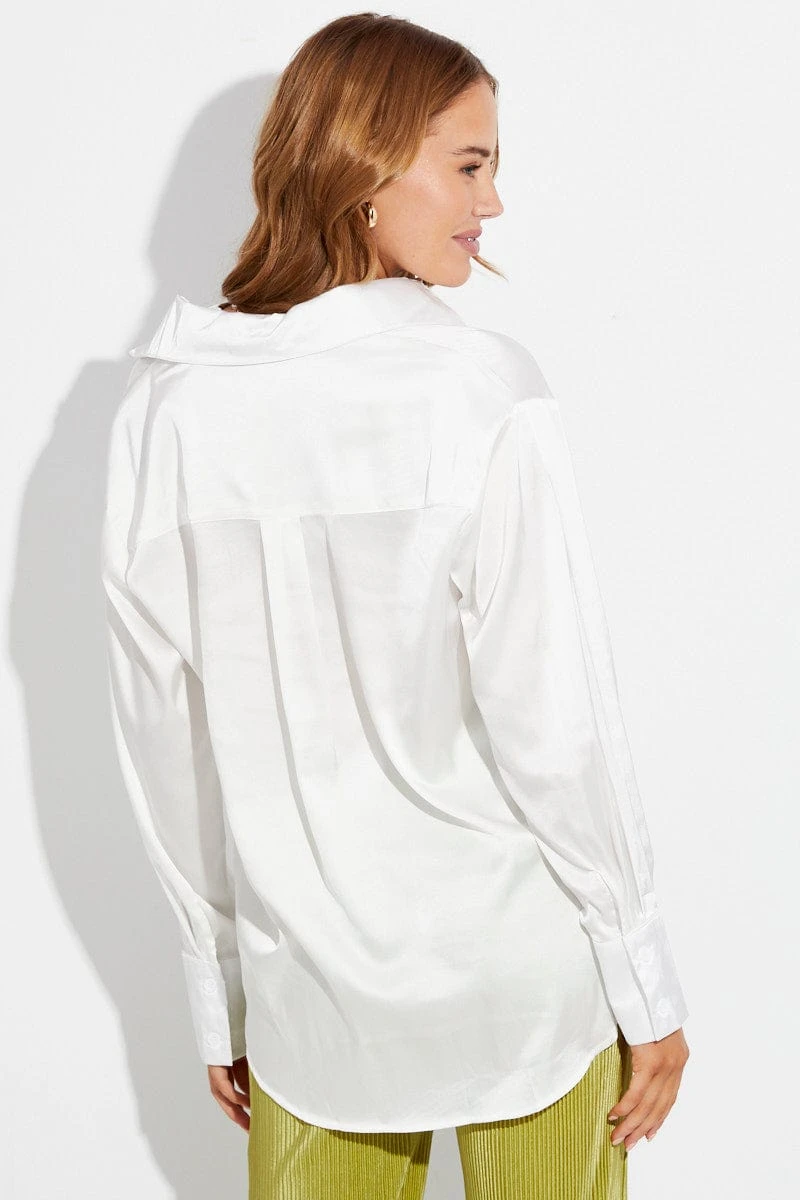 White Satin Long Sleeve Button Up Collared Shirt 5 White Satin Long Sleeve Button Up Collared Shirt - Image 5