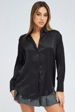 Black Satin Shirt Long Sleeve Collared Neck -FabWear Shop wc2470 81w black 3