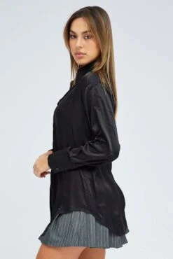Black Satin Shirt Long Sleeve Collared Neck -FabWear Shop wc2470 81w black 4