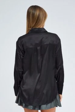 Black Satin Shirt Long Sleeve Collared Neck -FabWear Shop wc2470 81w black 5