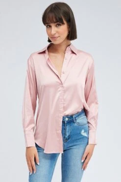 Pink Shirt Long Sleeve Collared Neck Satin -FabWear Shop wc2470 81w pink 3