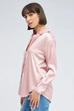 Pink Shirt Long Sleeve Collared Neck Satin -FabWear Shop wc2470 81w pink 4