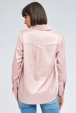 Pink Shirt Long Sleeve Collared Neck Satin -FabWear Shop wc2470 81w pink 5