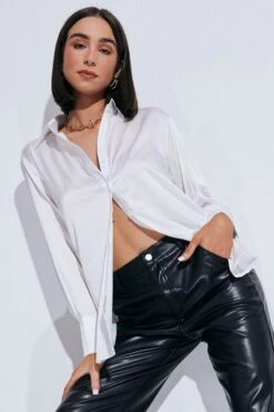 White Satin Shirt Long Sleeve Collared Neck