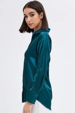 Green Satin Shirt Long Sleeve Collared Neck -FabWear Shop wc2470 81wb green 4
