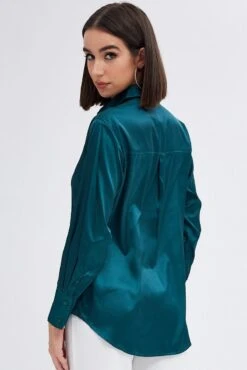 Green Satin Shirt Long Sleeve Collared Neck -FabWear Shop wc2470 81wb green 5