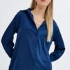 Blue Shirt Long Sleeve Collared Longline Satin