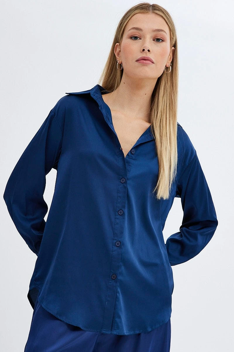 Blue Shirt Long Sleeve Collared Longline Satin 1 Blue Shirt Long Sleeve Collared Longline Satin