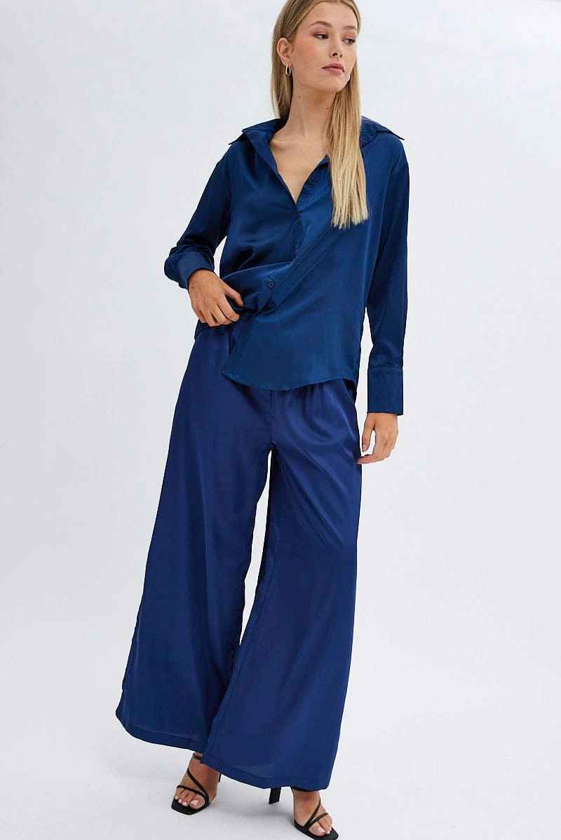 Blue Shirt Long Sleeve Collared Longline Satin 2 Blue Shirt Long Sleeve Collared Longline Satin - Image 2