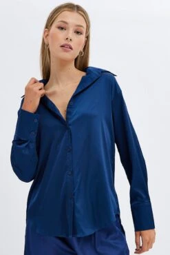 Blue Shirt Long Sleeve Collared Longline Satin 8 Blue Shirt Long Sleeve Collared Longline Satin -FabWear Shop wc2470ax 33w navy 3