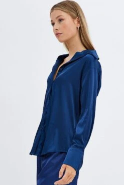 Blue Shirt Long Sleeve Collared Longline Satin 9 Blue Shirt Long Sleeve Collared Longline Satin -FabWear Shop wc2470ax 33w navy 4