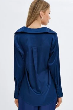 Blue Shirt Long Sleeve Collared Longline Satin 10 Blue Shirt Long Sleeve Collared Longline Satin -FabWear Shop wc2470ax 33w navy 5