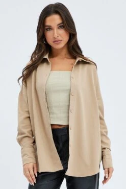 Camel Shirt Long Sleeve Collared Oversized Button Up 8 Camel Shirt Long Sleeve Collared Oversized Button Up -FabWear Shop wc7099 33cb beige 3