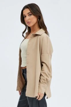 Camel Shirt Long Sleeve Collared Oversized Button Up 9 Camel Shirt Long Sleeve Collared Oversized Button Up -FabWear Shop wc7099 33cb beige 4
