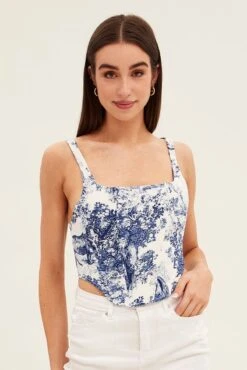 Blue Print Corset Top Sleeveless Square Neck Crop -FabWear Shop wc9062 47wb print 3