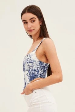 Blue Print Corset Top Sleeveless Square Neck Crop -FabWear Shop wc9062 47wb print 4