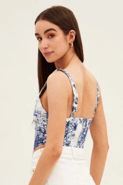 Blue Print Corset Top Sleeveless Square Neck Crop -FabWear Shop wc9062 47wb print 5